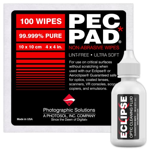 PEC-PAD Lint Free Wipes and Eclipse Optic Cleaning Solution - Non-Abrasive 4" x 4" Lens Wipes for Phone, Camera, Computer, and All Sensitive Glass - Cleaning Kit - (59ml) 2oz