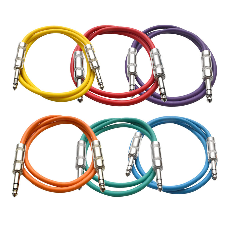 [AUSTRALIA] - Seismic Audio Speakers ¼” to ¼” TRS Patch Cables, 2 Foot Patch Cables, Pack of 6, Multi Color 