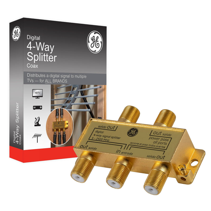 GE Digital 4-Way Coaxial Cable Splitter, 2.5 GHz 5-2500 MHz, RG6 Compatible, Works with HD TV, Satellite, High Speed Internet, Amplifier, Antenna, Gold Plated Connectors, Corrosion Resistant, 33527 1 Pack