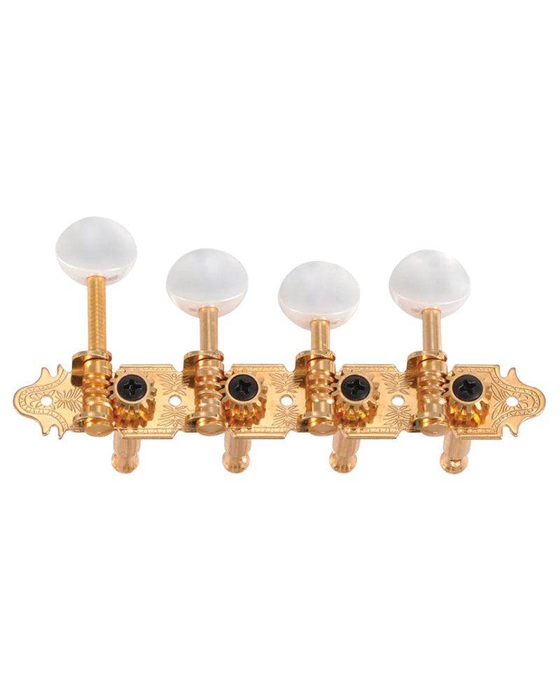 Golden Gate FM-4 F-Model Mandolin Tuners – 2 Planks 4+4 – Gold Plated, Precise 14:1 Ratio, Vintage Style, Comfortable Pearloid Buttons