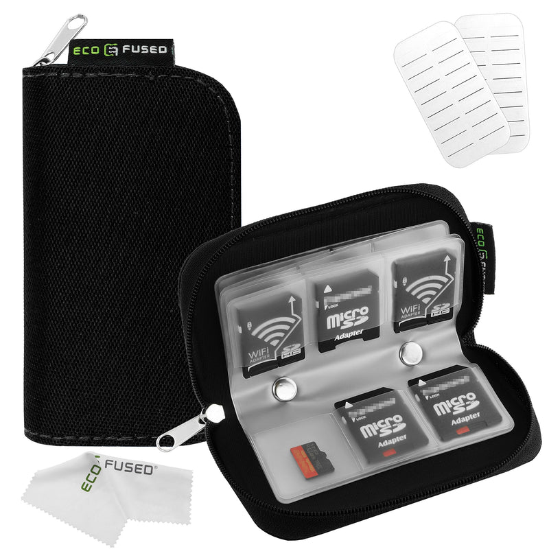 Eco-Fused Memory Card Case - Fits up to 22x SD, SDHC, Micro SD, Mini SD and 4X CF - Holder with 22 Slots - Microfiber Cleaning Cloth Included Black