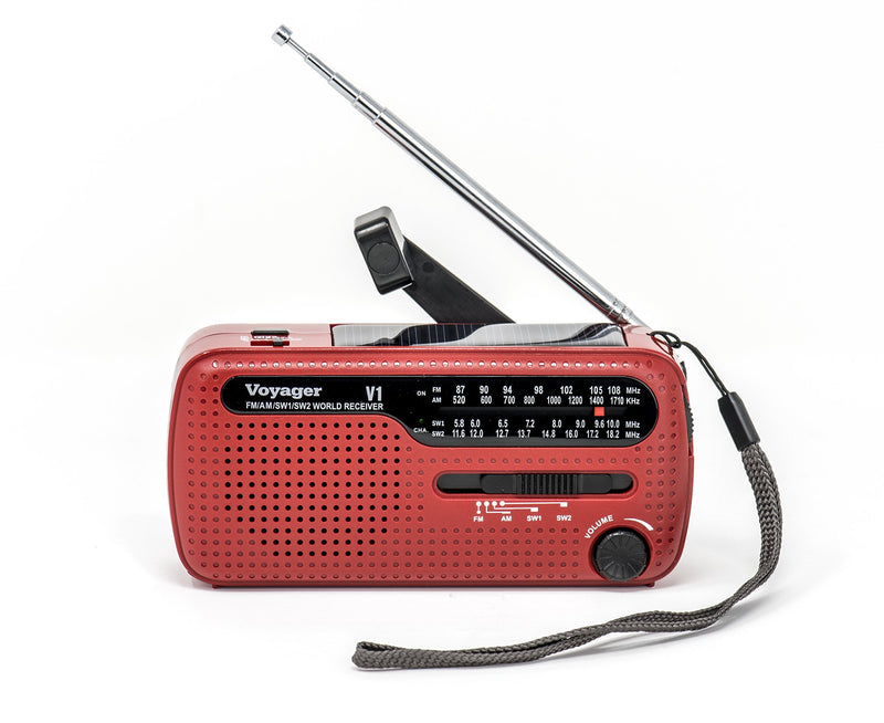 Kaito V1 Voyager Solar/Dynamo AM/FM/SW Emergency Radio with Cell Phone Charger and 3-LED Flashlight, Red