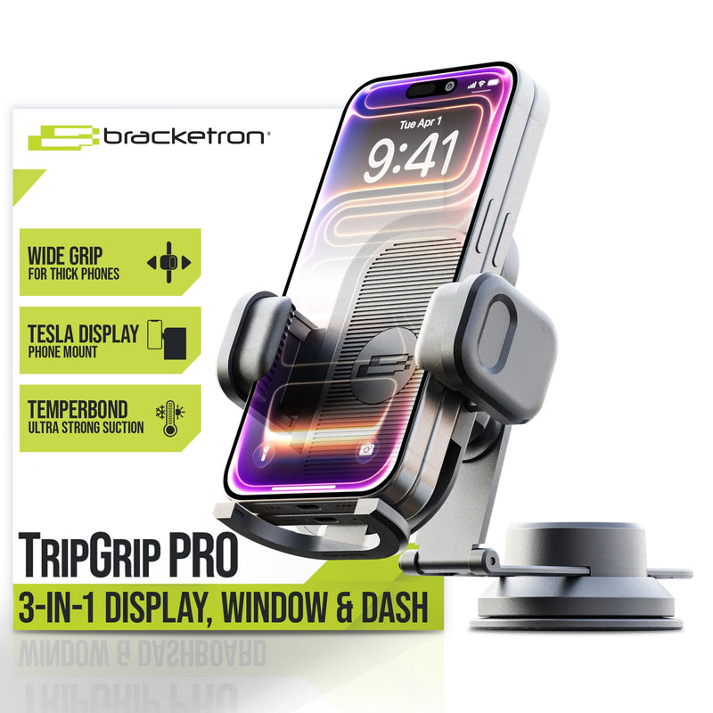 Bracketron TripGrip Pro Tesla Phone Holder, Suction Cup, 360° Rotation | 3-in-1 Tesla phone holder mount with TemperBond suction technology, secure dashboard and windshield installation