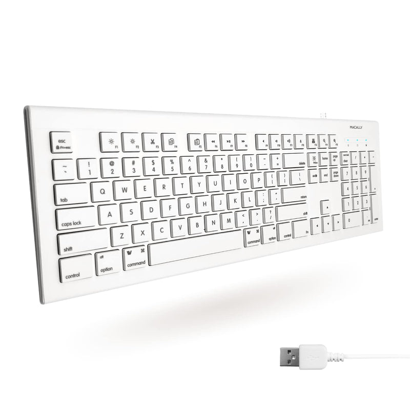 Macally Full Size USB Wired Keyboard for Mac and PC - Plug & Play Wired Computer Keyboard - Compatible Apple Keyboard with 15 Shortcut Keys for Easy Controls & Navigation - White Wired USB