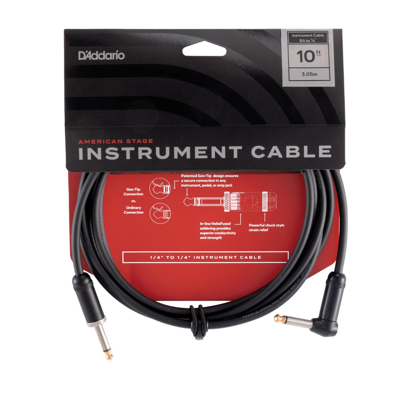 D'Addario Guitar Cable - Guitar Lead - Geo Tip for Secure Connection - 10 Feet/3.05 Meters - Straight End/Right Angle - 1 Pack Straight to Right Angle