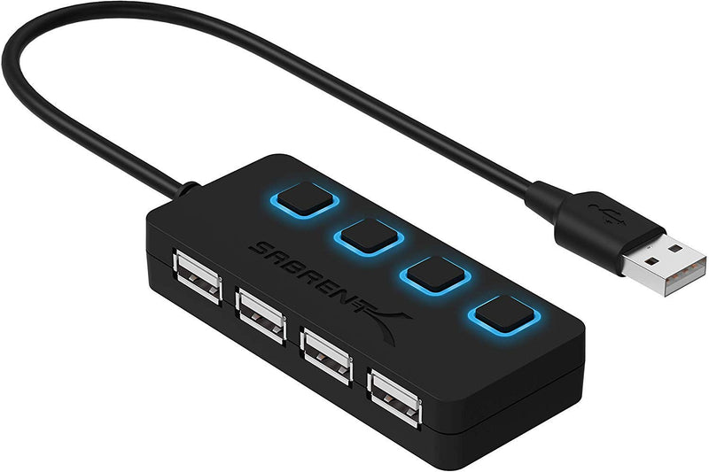 SABRENT 4-Port USB 2.0 Data Hub, LED Power Switches (HB-UMLS) | Individual LED-lit power switches; data only (charging not supported); for Mac & PC USB-A 4-Port