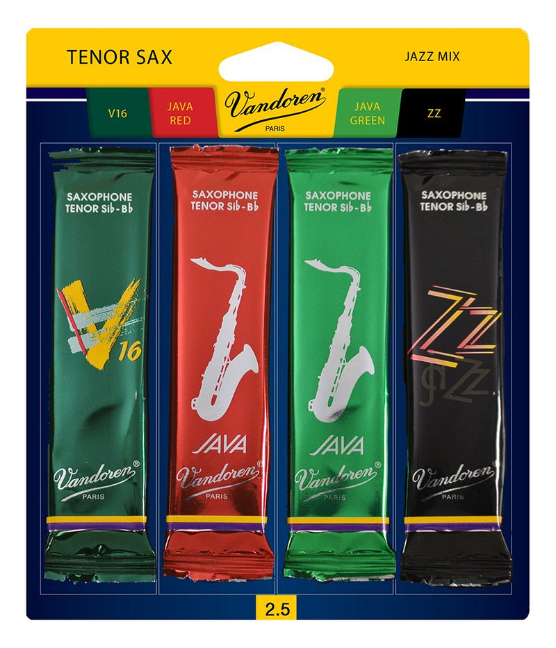 Vandoren SRMIXT25 Tenor Sax Jazz Reed Mix Card includes 1 each ZZ, V16, JAVA and JAVA Red Strength 2.5