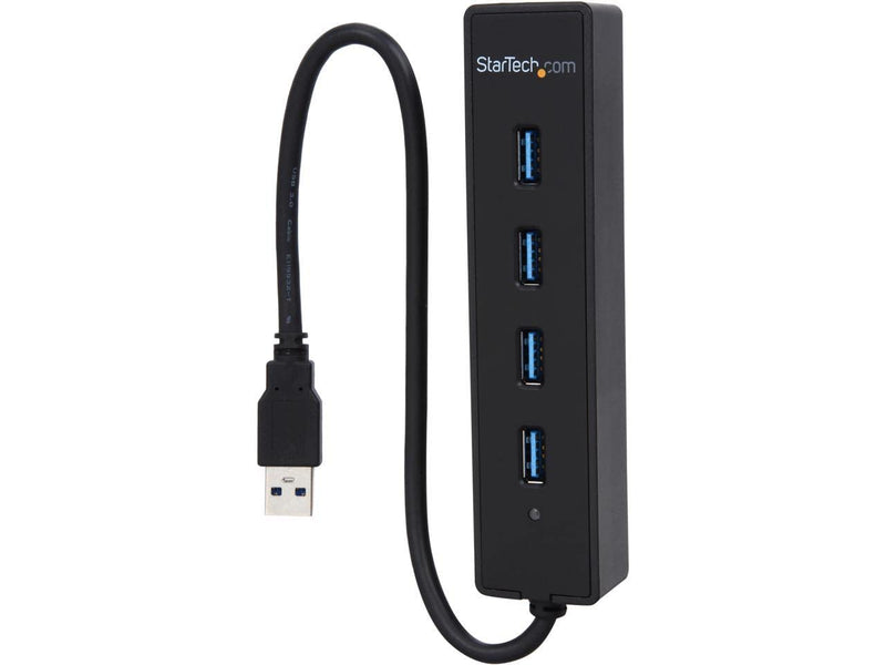 StarTech 4-Port USB 3.0 Hub 5Gbps with Built-in Cable (ST4300PBU3) | SuperSpeed laptop hub, Portable splitter, Mini-USB hub, Built-in cable, Flexible desk placement, Backward compatible Black 4 x SuperSpeed USB-A with Built in Cable