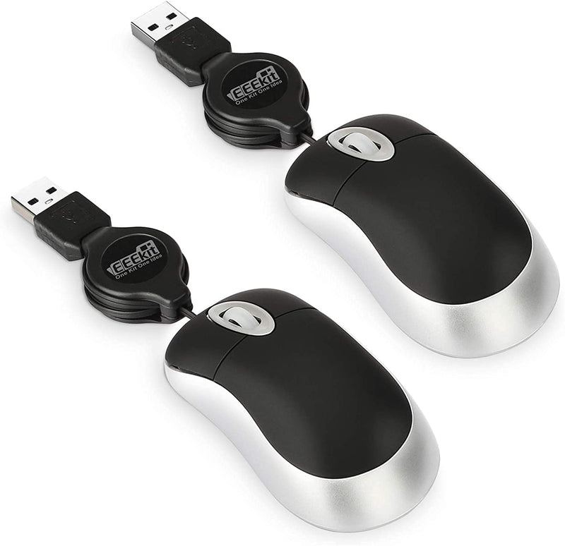EEEKit 2 Pack Mini Retractable Cable Wired USB Optical Mouse, USB Mini Mouse, Compact USB Mouse for Kids Travel，Mini Mouse for Laptop Apple Mac HP Dell Lenovo Thinkpad Sony Asus Acer Tablet PC Laptop Black