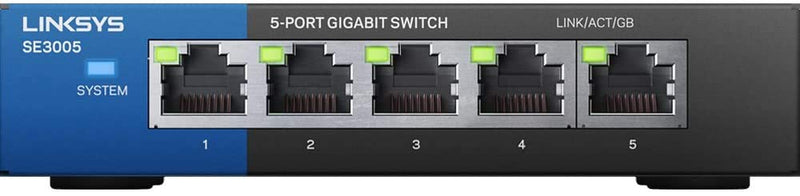 Linksys SE3005: 5-Port Gigabit Ethernet Unmanaged Switch, Computer Network, Auto-Sensing Ports Maximize Data Flow for up to 1,000 Mbps (Black, Blue) SE3005 - 5-Port