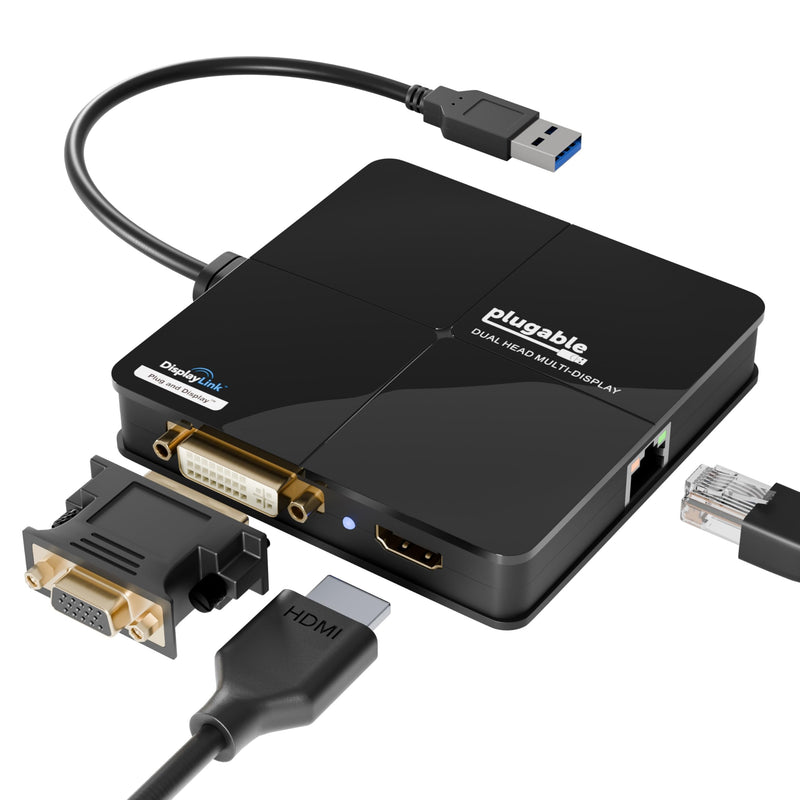 Plugable USB 3.0 Laptop Docking Station – Dual Monitor (HDMI & DVI/VGA), Gigabit Ethernet, Audio, USB Hub - Compatible with Windows & Mac