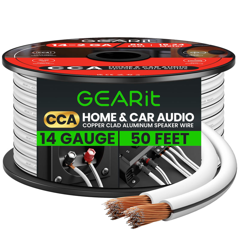 14AWG Speaker Wire, GearIT Pro Series 14 AWG Gauge Speaker Wire Cable (50 Feet / 15.24 Meters) Great Use for Home Theater Speakers and Car Speakers White 50 Feet