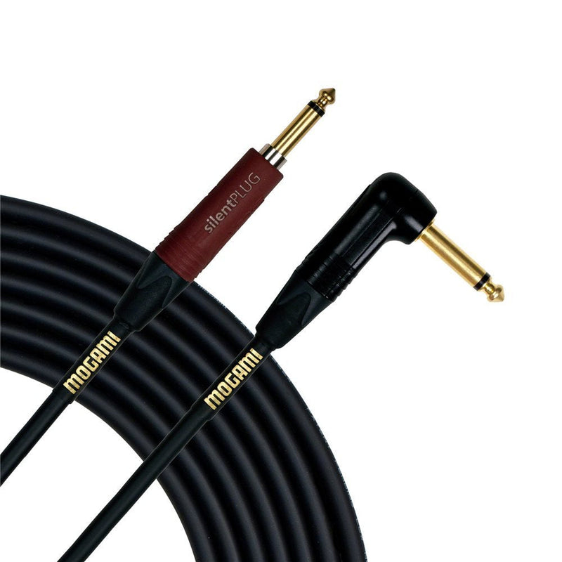 Mogami Gold INST Silent S-10R Guitar Instrument Cable, 1/4" TS Male Plugs, Gold Contacts, Straight silentPLUG to Right Angle Connectors, 10 Foot