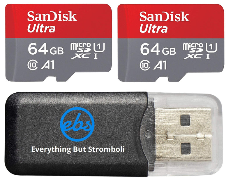 Sandisk Ultra micro SDXC Micro SD UHS-1 TF Memory Card 64GB 64G (Two Pack 64GB x2 =128GB) Class 10 w/ (1) Everything But Stromboli Memory Card Reader