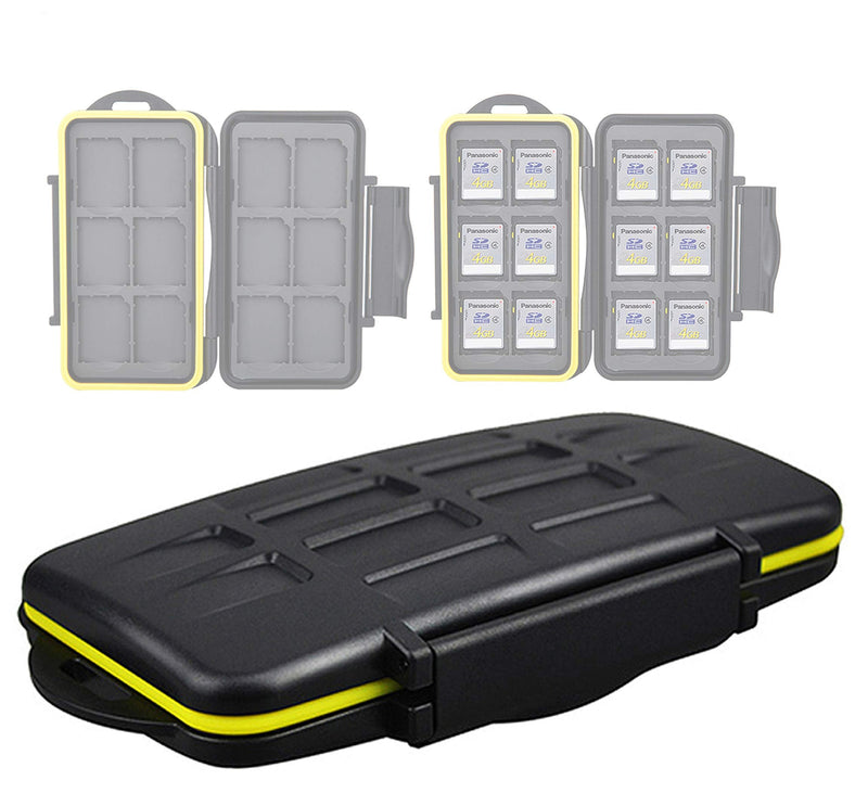 JJC MC-SD12 Ruggard SD Card Case, Shockproof SD Card Case, Water-Resistant SD Card Case, Rubber Sealed Ergonomic Locking Easy Carrying Memory Card Case Fits 12 SD Cards Black