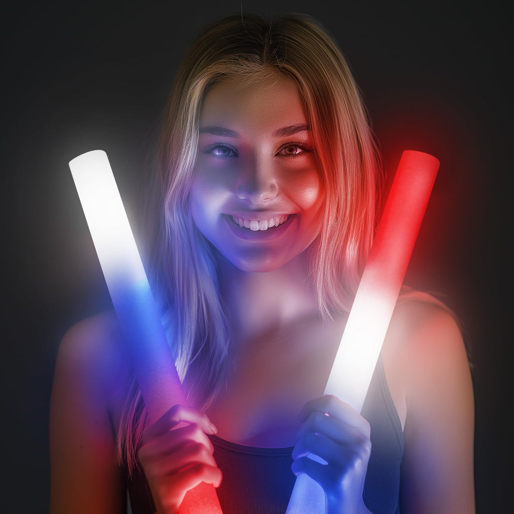 Fun Central 6 Pack LED Foam Stick Baton Red/White/Blue Red, White, Blue