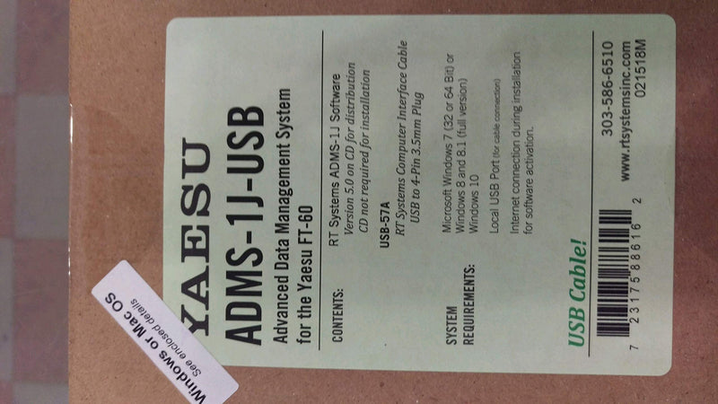 RT Systems Yaesu ADMS-1J Programming Software on CD with USB Computer Interface Cable for FT-60R