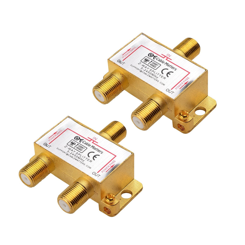 Cable Matters 2-Pack 2.4 Ghz 2 Way Coaxial Cable Splitter for STB TV, Antenna and MoCA Network - All Port Power Passing - Gold Plated and Corrosion Resistant 2-Way
