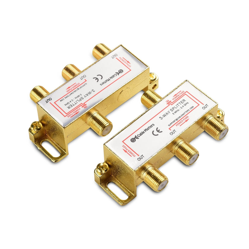 Cable Matters 2-Pack 2.4 Ghz 3 Way Coaxial Cable Splitter for STB TV, Antenna and MoCA Network - All Port Power Passing - Gold Plated and Corrosion Resistant 3-Way