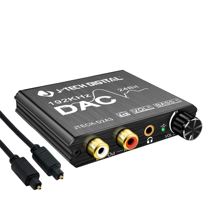 Digital to Analog Audio Converter with Headphone Amplifier & Bass Control by J-Tech Digital | 192kHz 24bit Optical Coaxial RCA 3.5mm DAC Converter Optical to 3.5mm