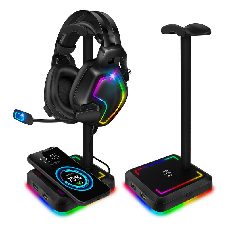 Headphone Stand with Wireless Charger TEEDOR RGB Gaming Headset Holder Hanger Rack with 10W/7.5W QI Charging Pad & 2 USB Charger Ports for Desktop PC Game Earphone Accessories, Black