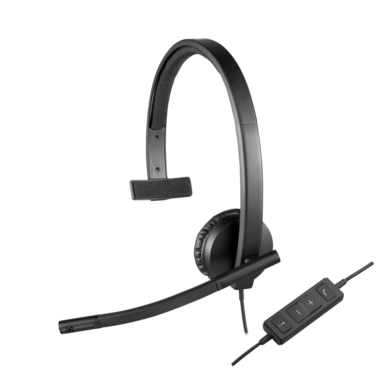 Logitech H570e Wired Headset, Mono Headphones with Noise-Cancelling Microphone, USB, In-Line Controls with Mute Button, Indicator LED, PC/Mac/Laptop - Black Standard Packaging