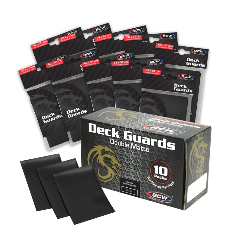 BCW Deck Guard - Double Matte Card Sleeves | 500 Count Box (10 Packs of 50 Sleeves) |Acid-Free, No PVC | Fits 2.5" x 3.5" Game Cards | Archival Safe Sleeves for Card Protection (Black) Black
