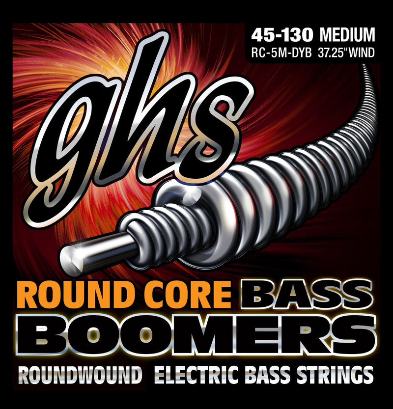 GHS Strings RC-5M-DYB Round Core Bass Boomers, 5-String Set, Medium Gauge, 45-130 (37.25" winding)