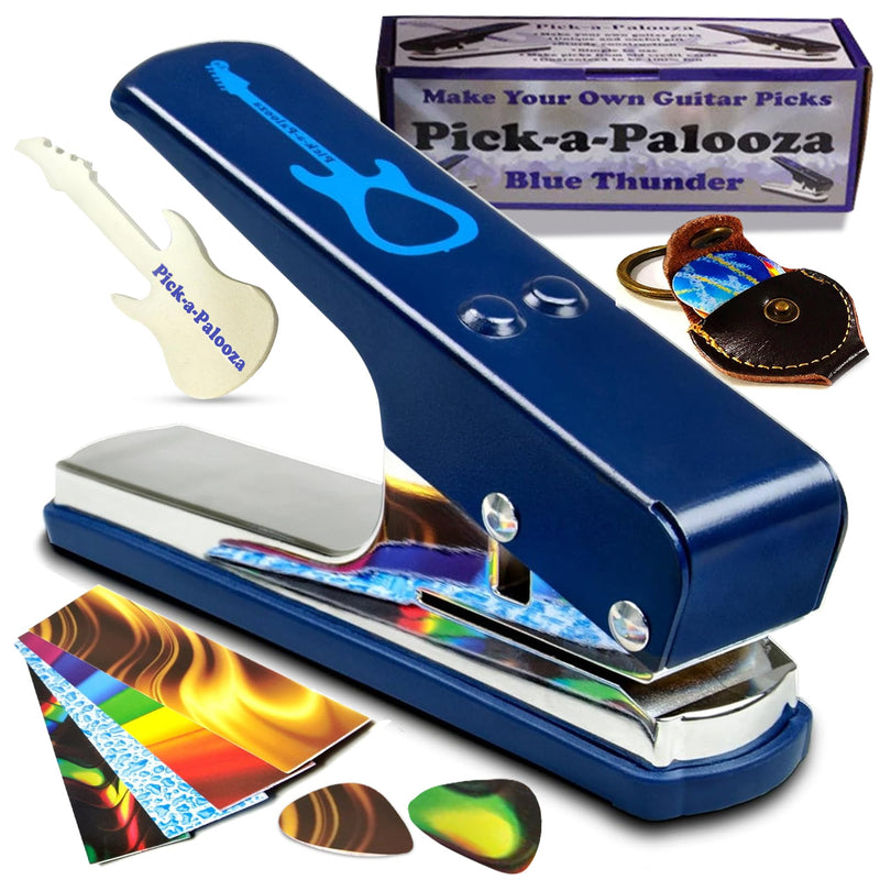 Pick-a-Palooza DIY Guitar Pick Punch - The Premium Guitar Pick Maker and a Leather Key Chain Pick Holder - Gift Pack - Blue
