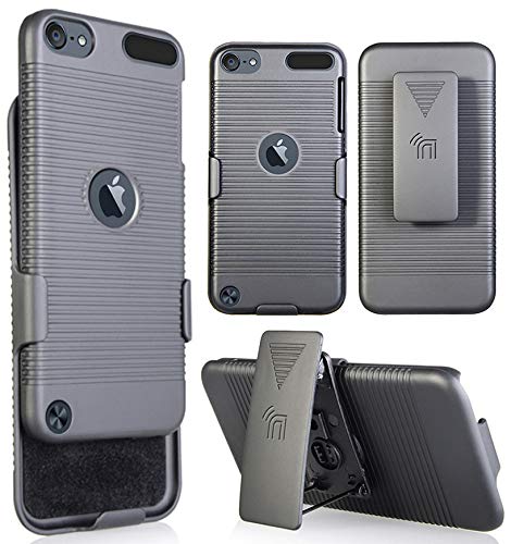 Case with Clip for iPod Touch 7/6/5, Nakedcellphone Black Ribbed Hard Cover and Belt Hip Holster Holder Combo with Stand for Apple iPod Touch 7th 6th 5th Generation