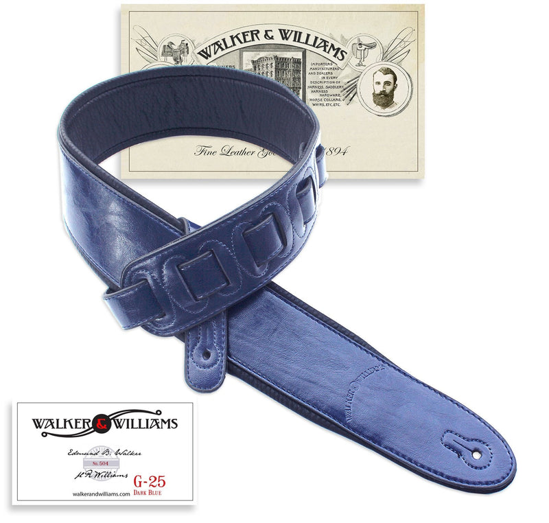 Walker & Williams G-25 Handmade Navy Blue Guitar Strap with Padded Glove Leather Back For Acoustic, Electric, And Bass Guitars