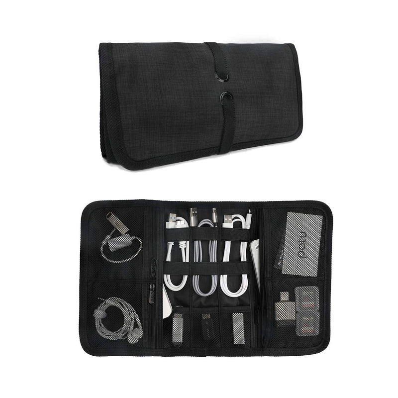 Patu Roll Up Electronics Accessories Travel Gear Organizer Case, Black - Portable Universal External Batteries Hard Drives Cable Management Healthcare Cosmetics Kit Bag