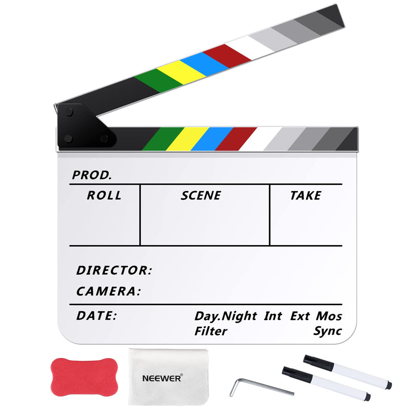 NEEWER Acrylic Film Movie Directors Clapper Board Kit, 12"x10" Plastic Movie Theater Cut Action Scene Clapboard with a Magnetic Eraser, 2 Water Based Pens, a Cleaning Cloth & L Shaped Hex Key (White) White