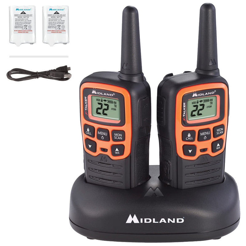 Midland- T51VP3 X-TALKER Spotting and Recovery Walkie-Talkie Long Range - FRS Two Way Radio for kids Caravanning with NOAA Weather Scan + Alert, 38 Privacy Codes - Black/Orange - 2 Pack