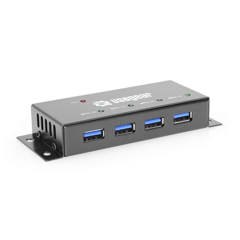 USBGear Compact 4-Port USB Hub, USB 3.2 Gen 1 Data High-Power Hub w/Power Adapter, Port Status LEDs, 5 Gbps Data, Surface Mountable
