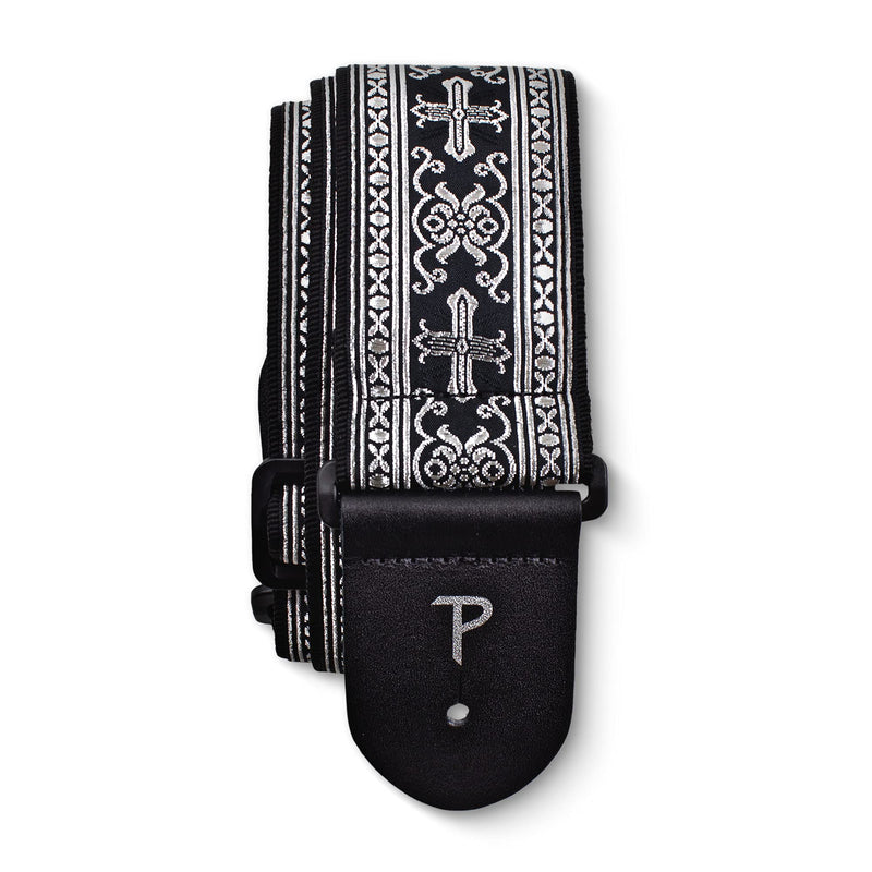 [AUSTRALIA] - Perri’s Leathers Jacquard Guitar Straps - Adjustable Length 39" to 58", Genuine Leather Ends, Silver Cross Design, Electric, Bass, Acoustic Guitar Strap - Metallic Silver 