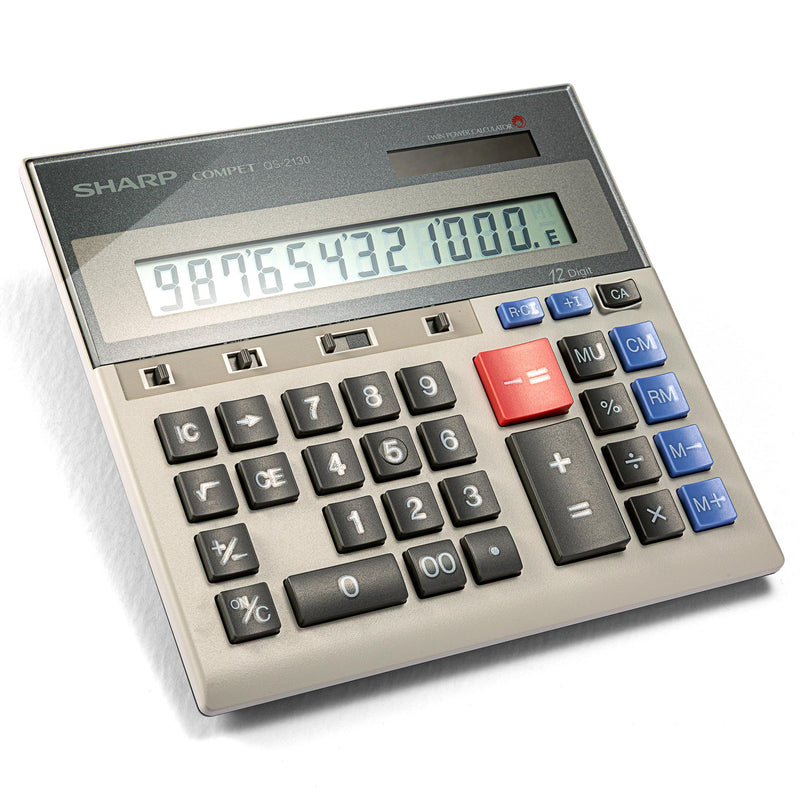 Sharp 12-Digit Commercial Dual Power Desktop Calculator, Business Functions with Memory & Markup Keys, Slim Adding-Machine Design Calculator, 6.9 x 7.3-Inches, Gray and Black (QS-2130)