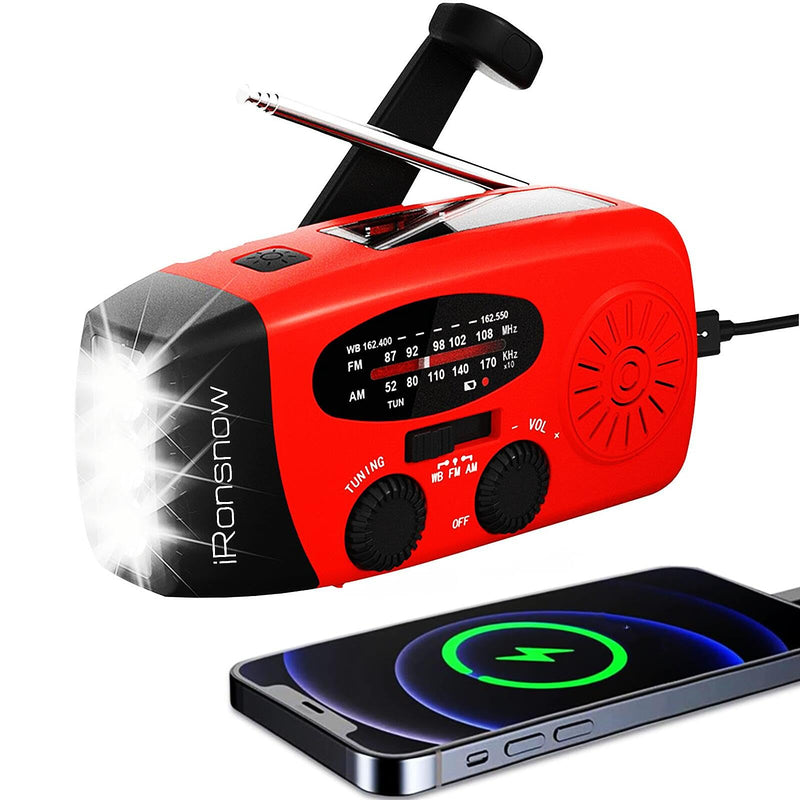 Solar Emergency Hand Crank Weather Radio, Portable Self Powered NOAA AM/FM Radios with SOS Alarm LED Flashlight 2000mAh Power Bank Smart Phone USB Charger for Camping (Red) IR088 Red