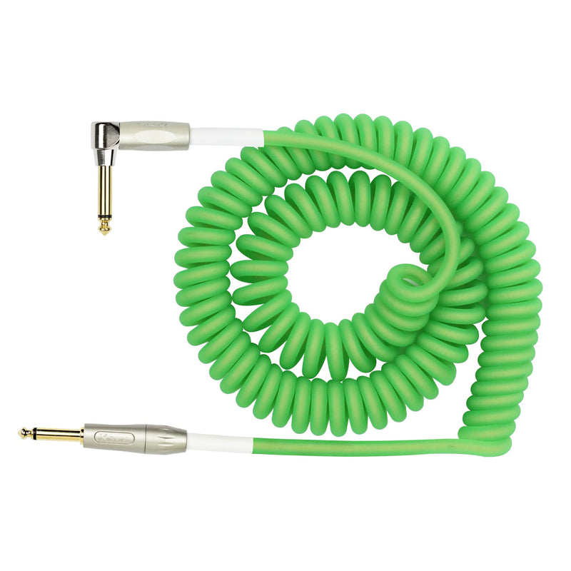KIRLIN Cable Kirlin IMK-202PFGL-30/GRF-Straight to Right Angle ¼” Premium Coil Instrument Cable, Green Translucent PVC Jacket-30ft, 1/4" Mono Plug, (IMK-202PFGL-30/GRF)