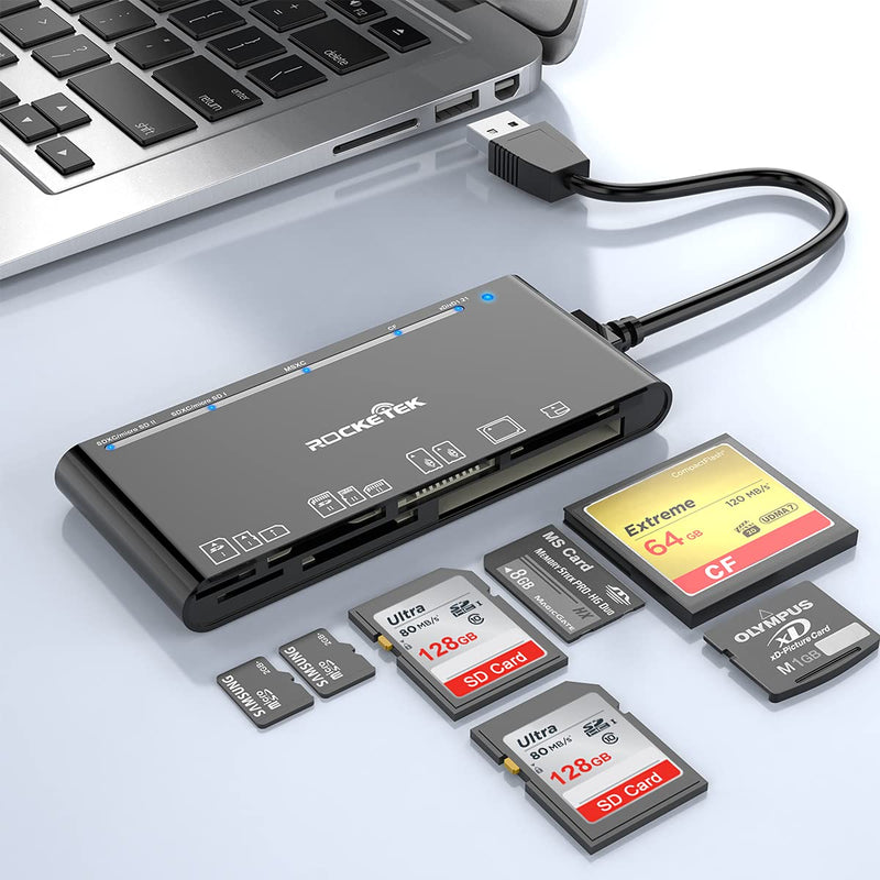 7-IN-1 Multi Card Reader, Rocketek USB 3.0 Memory Card Reader for SD/SDXC/SDHC/Micro SD/CF/XD/MS/MMC Camera Memory Card, 7 in 1 USB Card Reader/Writer(5Gbps) SD Card Reader for Mac OS,Windows,Linux RT-CR7