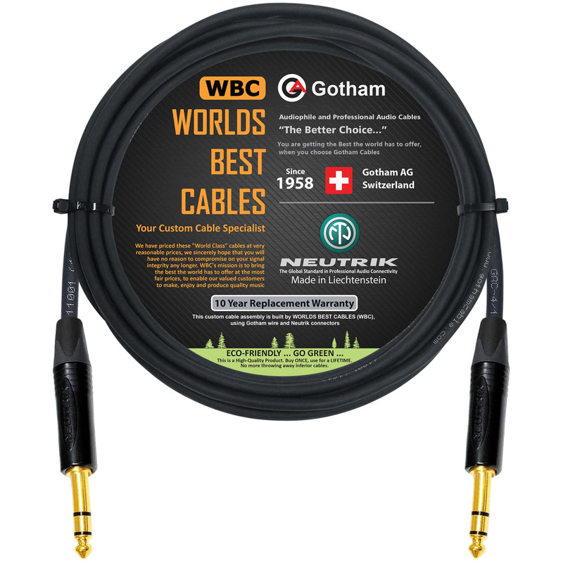 WORLDS BEST CABLES 10 Foot - Gotham GAC-4/1 (Black) - Star Quad - 2xShielded (100% Coverage) Balanced Patch Cable w/Neutrik NP3X-B ¼ Inch (6.35mm) TRS Plugs - Custom Made