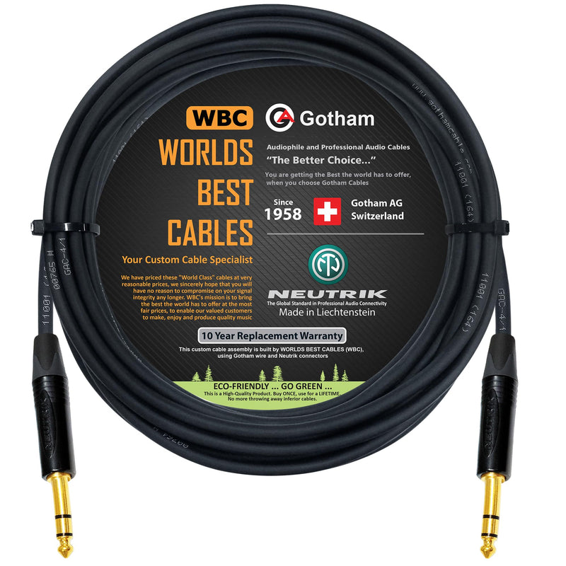 [AUSTRALIA] - WORLDS BEST CABLES 20 Foot - Gotham GAC-4/1 (Black) - Star Quad - 2xShielded (100% Coverage) Balanced Patch Cable w/Neutrik NP3X-B ¼ Inch (6.35mm) TRS Plugs - Custom Made 