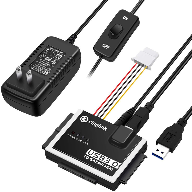 Cinolink SATA IDE to USB 3.0 Adapter for Universal 2.5"/3.5" Inch IDE and SATA External HDD/SSD with 12V 2A Power Adapter Black