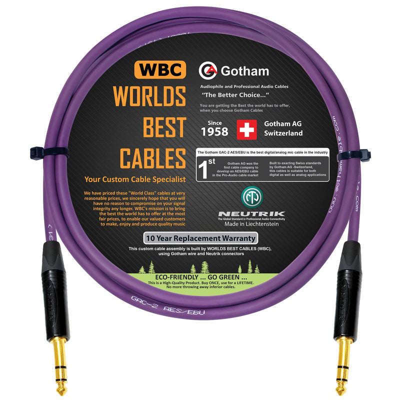 WORLDS BEST CABLES 6 Foot - Gotham GAC-2 AES/EBU (Purple) – Low-Loss, 2xCore 2xShielded Balanced Digital & Analog Audio Cable w/Neutrik NP3X-B ¼ Inch (6.35mm) TRS Plugs - Custom Made