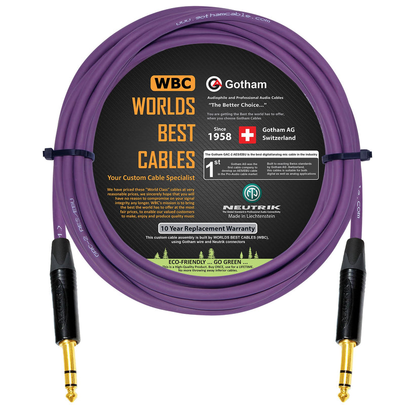[AUSTRALIA] - WORLDS BEST CABLES 20 Foot - Gotham GAC-2 AES/EBU (Purple) – Low-Loss, 2xCore 2xShielded Balanced Digital & Analog Audio Cable w/Neutrik NP3X-B ¼ Inch (6.35mm) TRS Plugs - Custom Made 
