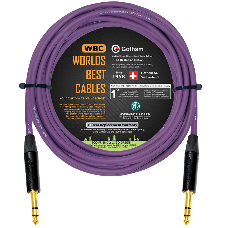 WORLDS BEST CABLES 25 Foot - Gotham GAC-2 AES/EBU (Purple) – Low-Loss, 2xCore 2xShielded Balanced Digital & Analog Audio Cable w/Neutrik NP3X-B ¼ Inch (6.35mm) TRS Plugs - Custom Made