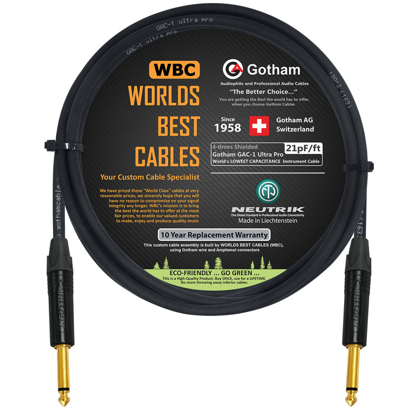 WORLDS BEST CABLES 6 Foot - Gotham GAC-1 Ultra Pro - Premium Low-Cap (21 pf/F) Guitar Bass Instrument Cable – w/Neutrik Gold Straight to Straight ¼ inch (6.35mm) TS Connectors - Custom Made