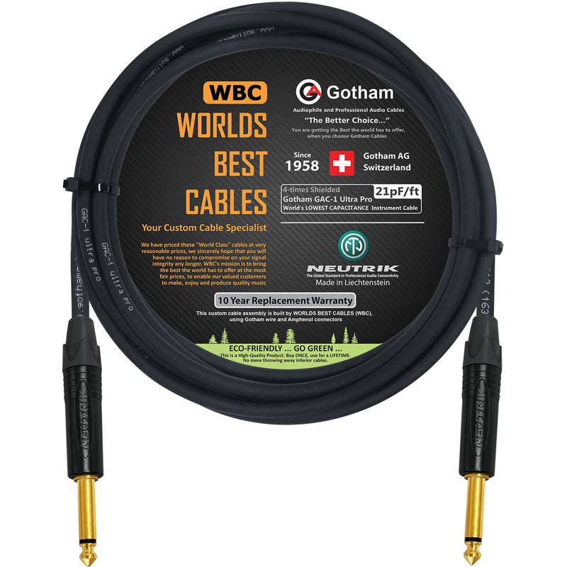 WORLDS BEST CABLES 10 Foot - Gotham GAC-1 Ultra Pro - Premium Low-Cap (21 pf/F) Guitar Bass Instrument Cable – w/Neutrik Gold Straight to Straight ¼ inch (6.35mm) TS Connectors - Custom Made