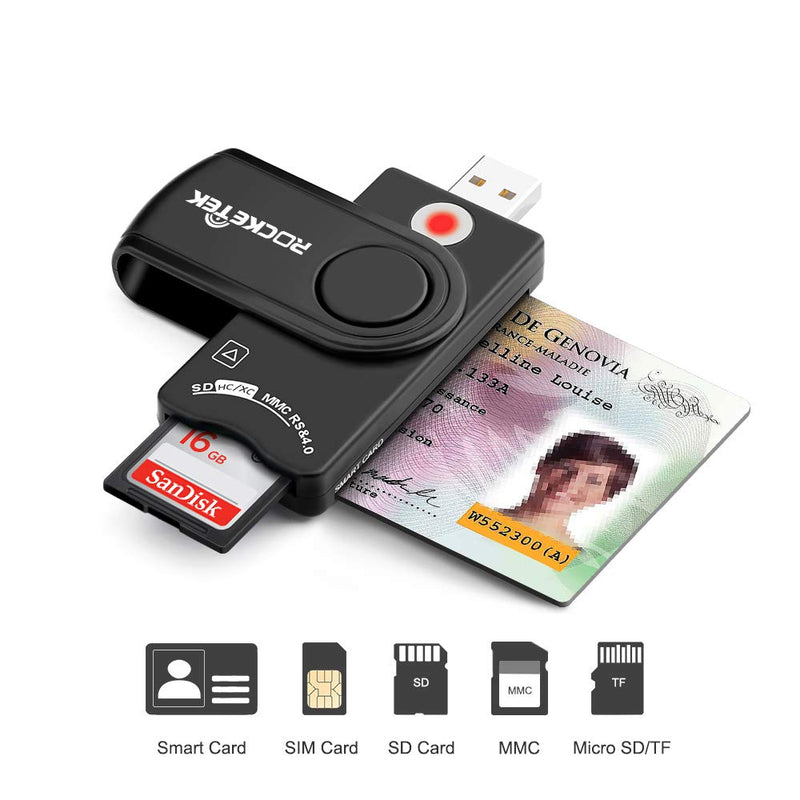 USB Smart Card Reader, Rocketek DOD Military USB CAC Memory Card Reader Compatible with Windows, Linux/Unix, MacOS X - Build in SDHC/SDXC/SD Card Reader and Micro SD Card Reader RT-SCR10