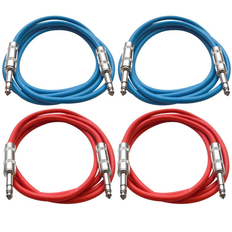 Seismic Audio Speakers ¼” TRS to ¼” TRS Patch Cables, 2 Feet, Pack of 4